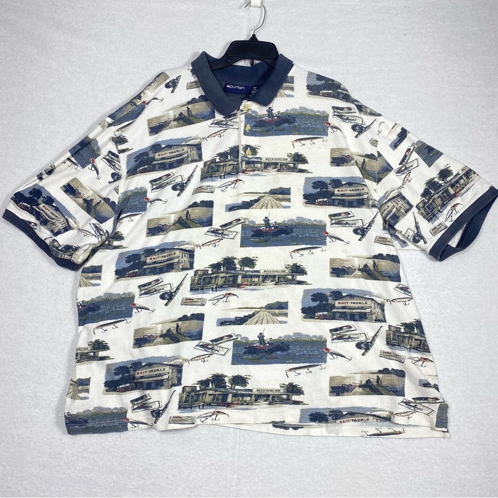 Vintage Puritan Fishing Polo Men's 3XL Bait & Tackle Print Short Sleeve Outdoor